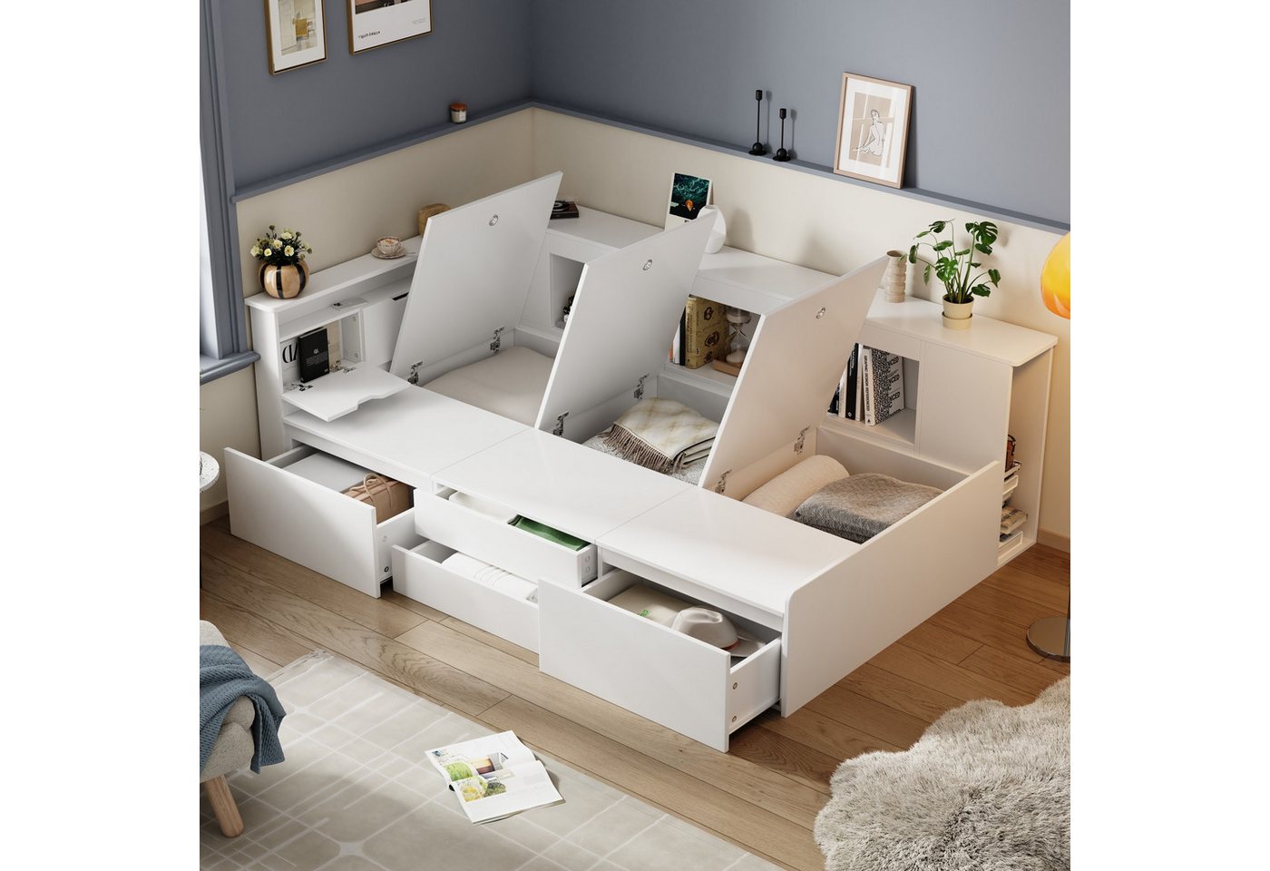 KLAM HOME Kinderbett 90*200cm, Einzelbett, Multifunktionales Kinderbett mit Schubladen, Bücherregal und Stauschrank, Bettkasten mit Stauraum, ohne Matratze KLAM HOME Kinderbett 90*200cm, Einzelbett, Multifunktionales Kinderbett mit Schubladen, Bücherregal und Stauschrank, Bettkasten mit Stauraum, ohne Matratze von KLAM HOME