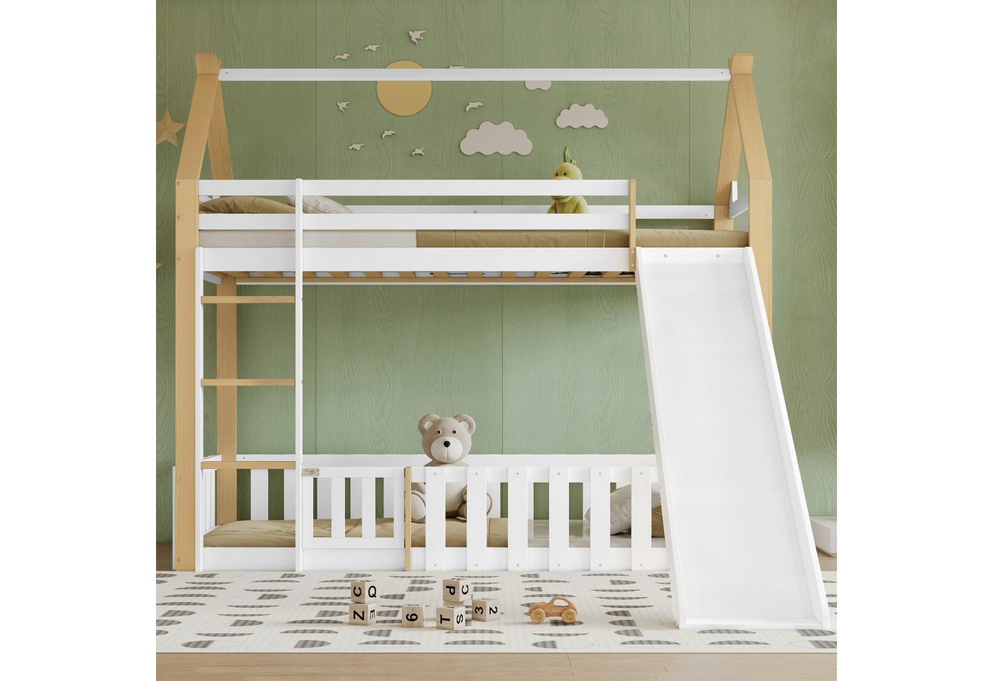 KLAM HOME Kinderbett Etagenbett, Kinderbett, Exquisite Dachform, Mit Lustige Kinderrutsche (Freier Raum mit Zaun, Stabile Lattenroste und Leiter, 90x200cm), Hochbett für Kinderzimmer & Jugendzimmer, ohne Matratze von KLAM HOME