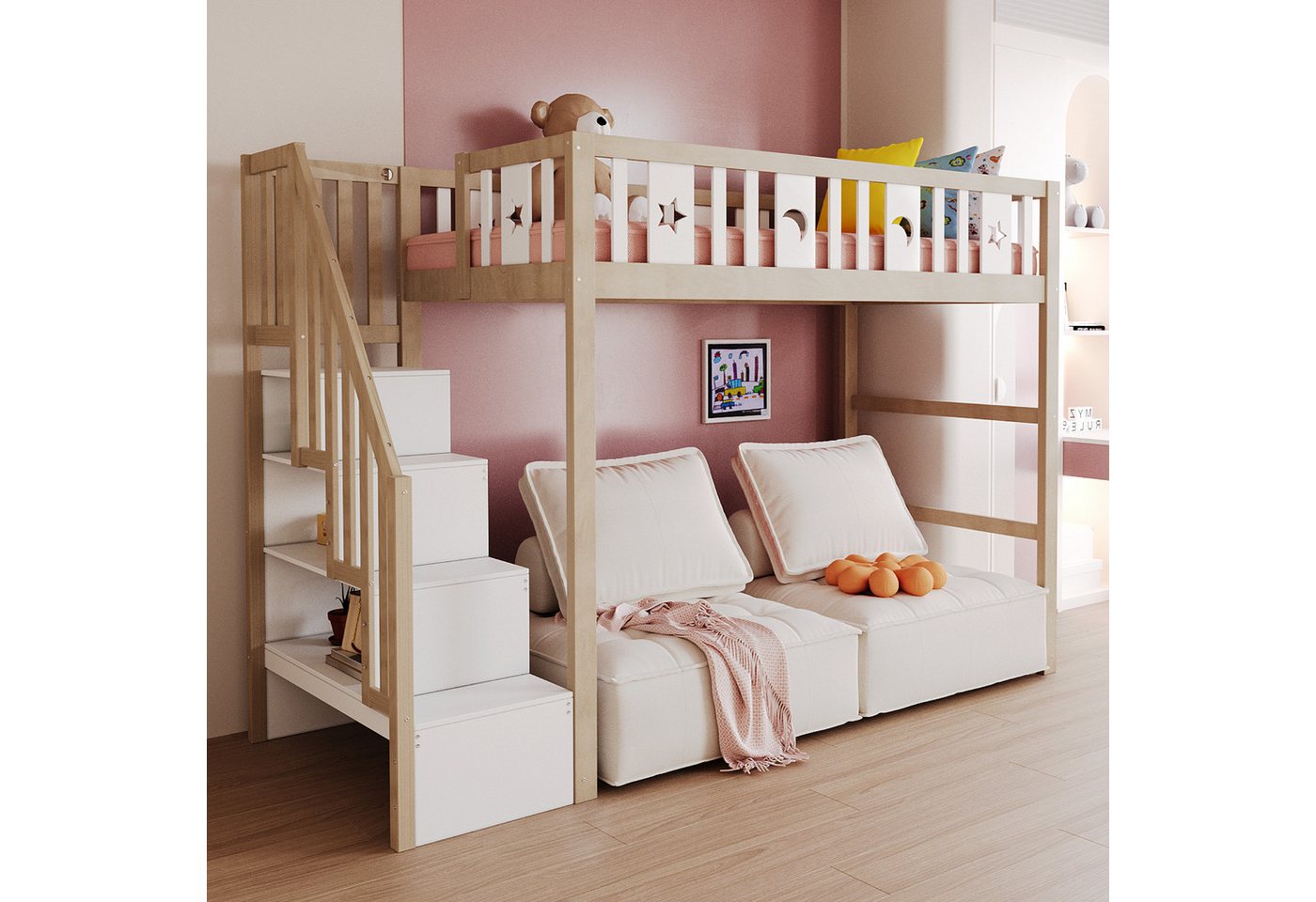 KLAM HOME Kinderbett Etagenbett für Kinder 90/140*200 mit Treppe, Hochbett aus Massivholz (Hochbett mit Sicherheitsgeländer, Stern- und Monddekoration), ideal für kleine Kinderzimmer, ohne Matratze von KLAM HOME