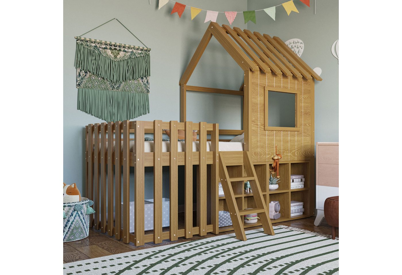 KLAM HOME Kinderbett Hausbett 90x200, mit Dach und Fenster, mit offenem Stauraum (Massivholz-Kinderetagenbett mit Kletterleiter), Hochbett für Kinderzimmer & Jugendzimmer, ohne Matratze von KLAM HOME