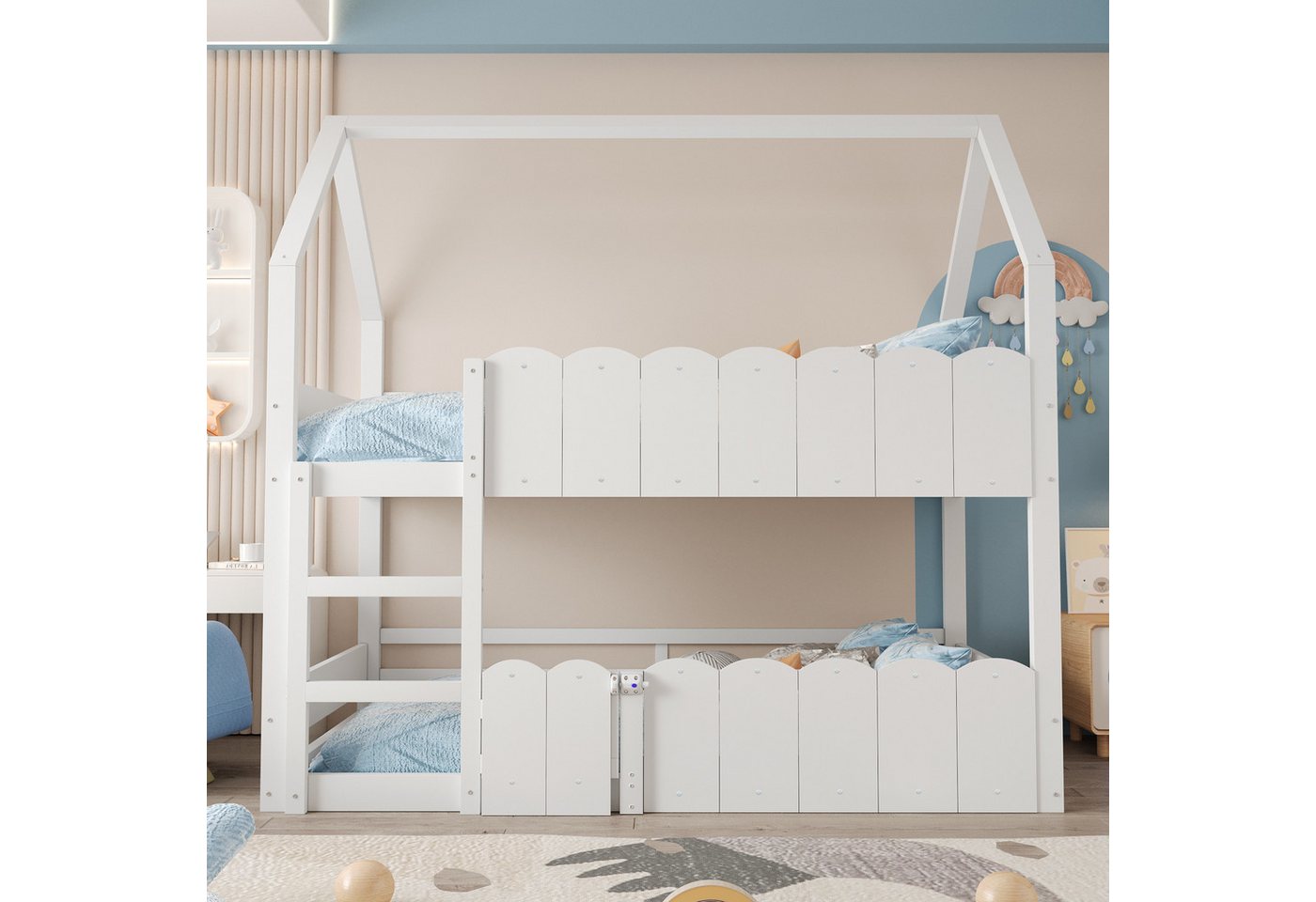 KLAM HOME Kinderbett Kinder-Etagenbett mit hausförmigem Design (Hochbett mit erhöhten Sicherheitsgeländern und Lattenrost), Platzsparende Schlaf- und Spielbereich-Lösung für Kinderzimmer von KLAM HOME