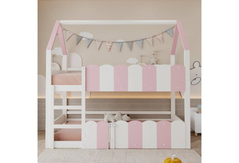 KLAM HOME Kinderbett Kinder-Etagenbett mit hausförmigem Design (Hochbett mit erhöhten Sicherheitsgeländern und Lattenrost), Platzsparende Schlaf- und Spielbereich-Lösung für Kinderzimmer von KLAM HOME
