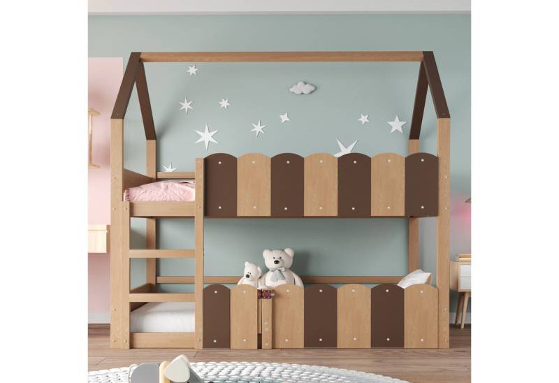 KLAM HOME Kinderbett Kinder-Etagenbett mit hausförmigem Design (Hochbett mit erhöhten Sicherheitsgeländern und Lattenrost), Platzsparende Schlaf- und Spielbereich-Lösung für Kinderzimmer von KLAM HOME