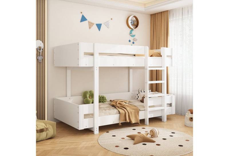 KLAM HOME Kinderbett Kinder-Etagenbett mit integrierter Treppe und verstärktem Geländer (Platzsparendes Doppelbett in schlichtem Weiß), Robustes Massivholz-Bettgestell mit inkludiertem Lattenrost von KLAM HOME