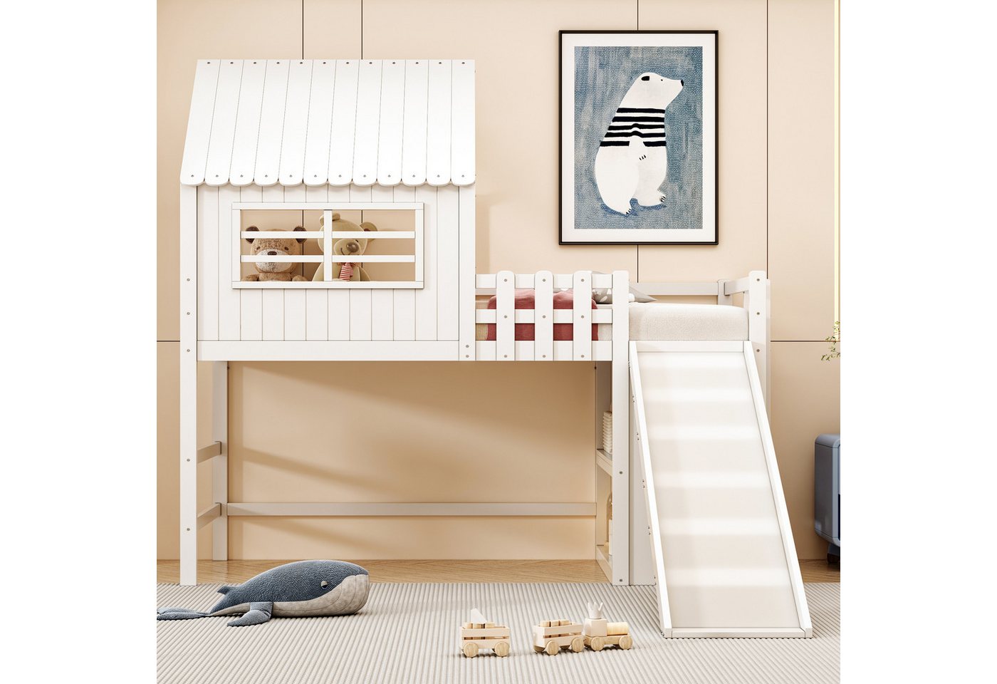 KLAM HOME Kinderbett Kinderbett 90 x 200 cm mit Sicherheitsleiter und Sicherheitsrutsche (Dachboden-Design, mit mehrstöckige Ablagefächer, Weiß), Multifunktionsbett Massivholzbett Einzelbett Hochbett von KLAM HOME