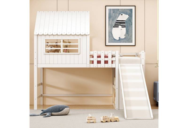 KLAM HOME Kinderbett Kinderbett 90 x 200 cm mit Sicherheitsleiter und Sicherheitsrutsche (Dachboden-Design, mit mehrstöckige Ablagefächer, Weiß), Multifunktionsbett Massivholzbett Einzelbett Hochbett von KLAM HOME