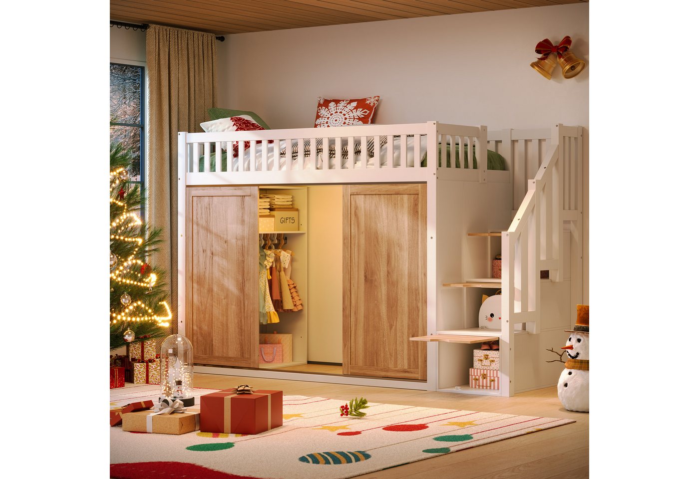 KLAM HOME Kinderbett Kinderbett mit integriertem Kleiderschrank und LED-Beleuchtung (Multifunktionales Hochbett mit großzügigem Stauraum), Sicherheitsoptimierte Schlafumgebung mit kreativem Beleuchtungssystem von KLAM HOME