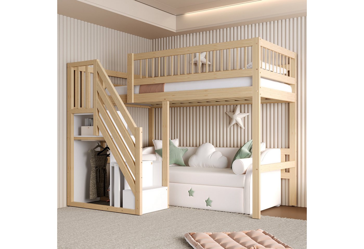 KLAM HOME Kinderbett Massivholzbett 90/140*200 cm, Treppe mit Aufbewahrungsschrank, Jugendbett, Einzelbett, Massivholzrahmen, hohe Ausführung von KLAM HOME