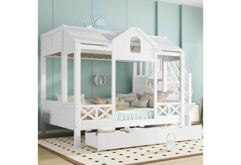 KLAM HOME Kinderbett Spielhaus Kinderetagenbett Mit Dach Und Fenster Design (Hochbett Mit Integrierter Treppe Und Rollschubladen), Robustes Zwei Größen Kinderbett In Weiß Für Mehr Stauraum von KLAM HOME