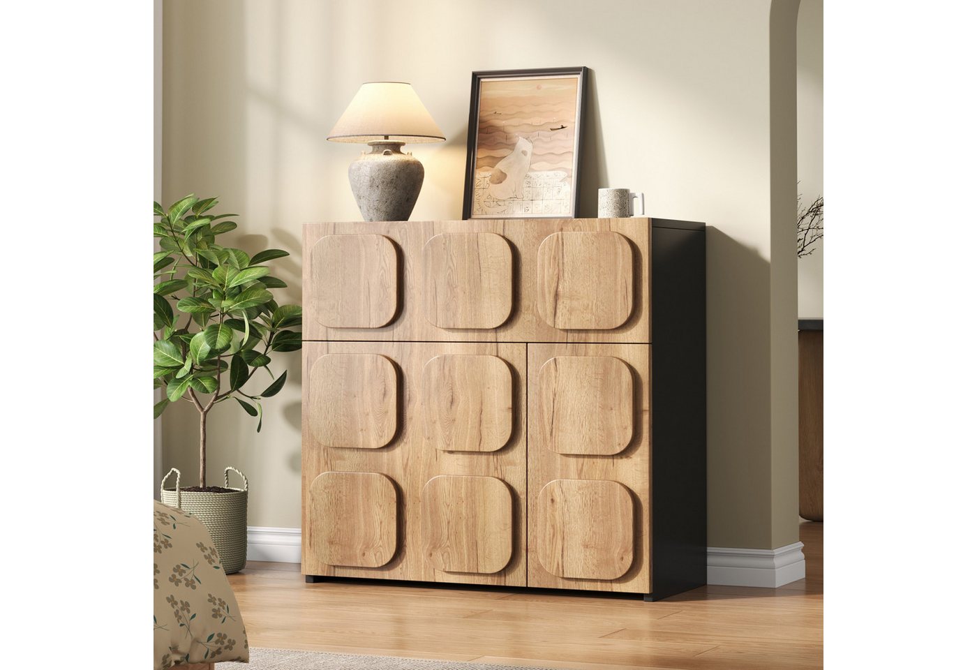 KLAM HOME Kommode Vintage Kommode mit Holzstruktur & schwarzen Seiten (Retro Design trifft moderne Ästhetik, große Aufbewahrung mit 5 Fächern), vielseitig einsetzbar für Wohnzimmer, Esszimmer oder Flur von KLAM HOME