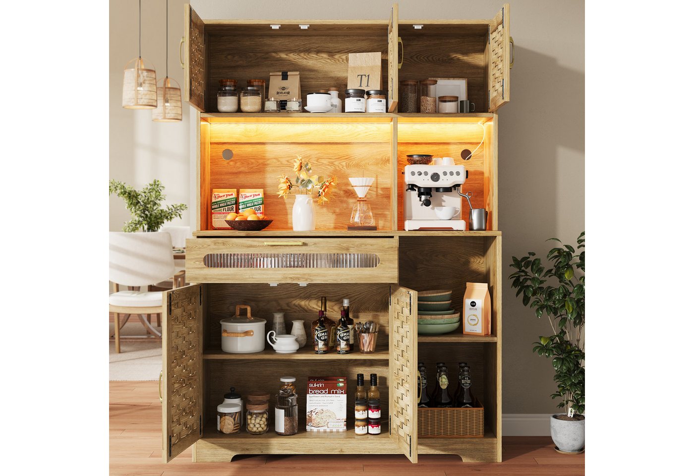 KLAM HOME Küchenbuffet Hochschränke fürs Wohnzimmer mit LED-Beleuchtung (Moderner Küchenschrank mit Schubladen und Glasfronten) Vielseitige Standvitrine für Wohnzimmer, Küche und Barbereich von KLAM HOME