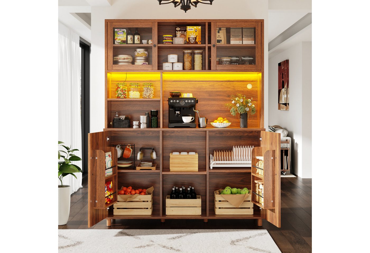 KLAM HOME Küchenbuffet Hochschränke im Retro-Design mit intelligenter LED-Beleuchtung (Vielseitiger Wohnzimmerschrank mit praktischer Snackablage) Robuster Küchen- und Esszimmerschrank in edler Walnussoptik von KLAM HOME