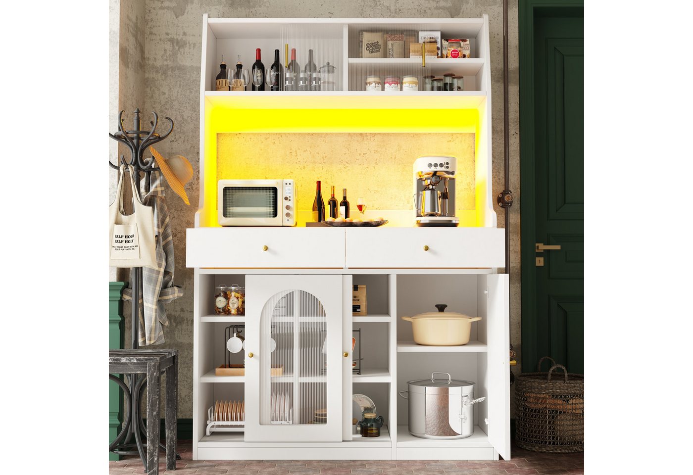 KLAM HOME Küchenbuffet Hochschrank Esszimmerschrank, Vitrinenschrank mit 2 Schubladen (Buffetschrank mit Verstellbaren Ablagen, Sideboard mit LED-Beleuchtung) Küchenschrank mit variable Lichtfarben, Weiß von KLAM HOME