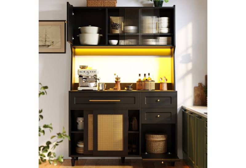 KLAM HOME Küchenbuffet Hochschrank Esszimmerschrank, Vitrinenschrank mit 3 Schubladen (Buffetschrank mit Verstellbaren Ablagen, Sideboard mit LED-Beleuchtung) Küchenschrank mit variable Lichtfarben, PE-rattan, schwarz von KLAM HOME