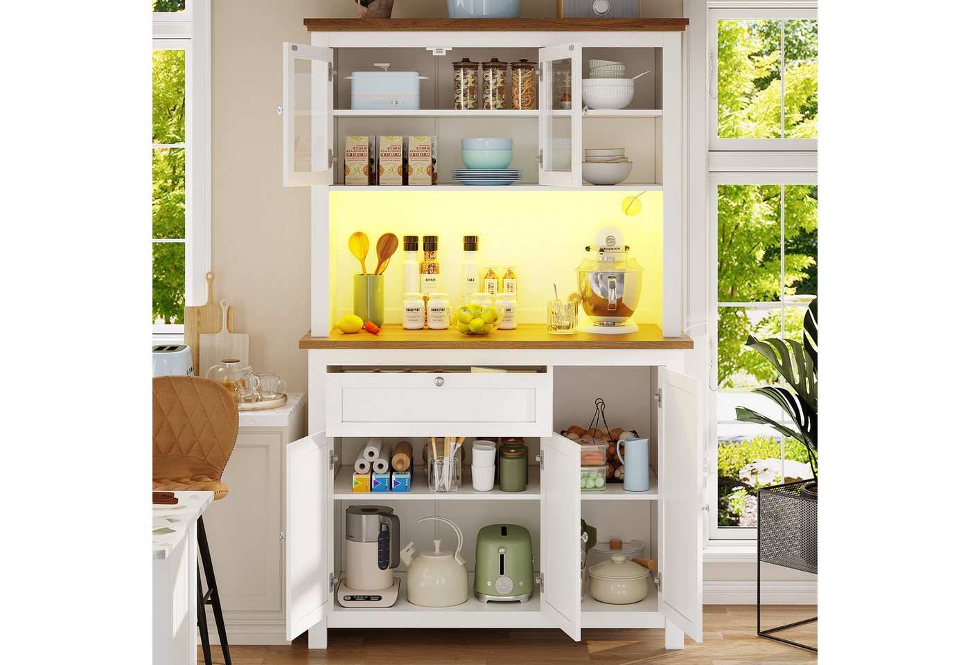 KLAM HOME Küchenbuffet Hochschrank Küchenbuffet, Vitrinenschrank, 104×40×180cm (Buffetschrank mit Verstellbaren Ablagen, Sideboard mit LED-Beleuchtung) Küchenschrank mit variable Lichtfarben, weiß von KLAM HOME