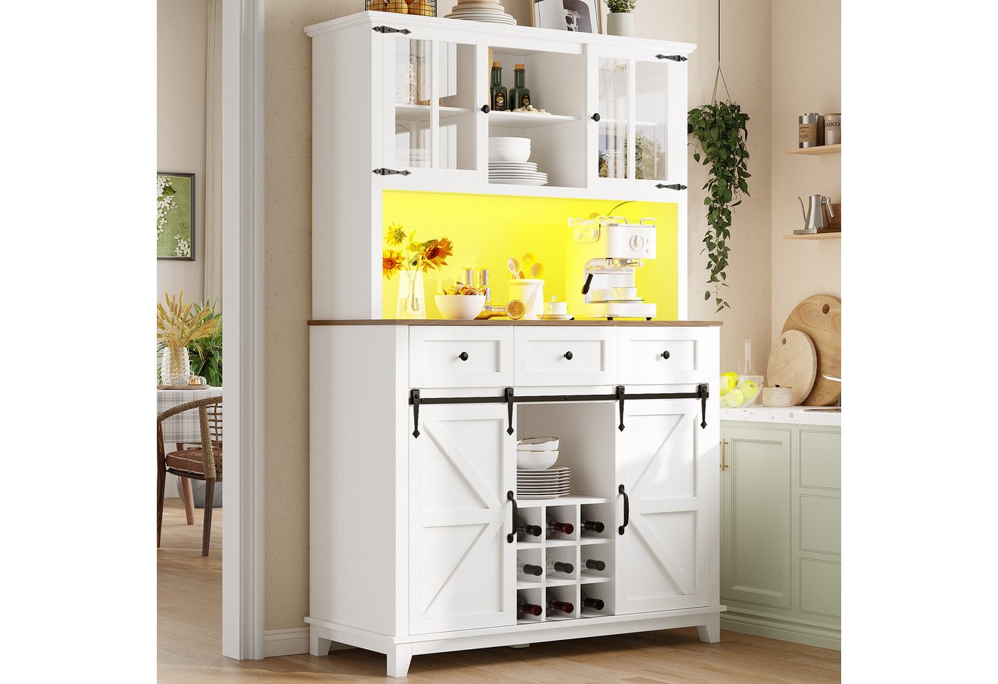 KLAM HOME Küchenbuffet Hochschrank Küchenbuffet, Vitrinenschrank, 105×38.4×180cm (Buffetschrank mit Verstellbaren Ablagen, Sideboard mit LED-Beleuchtung) Küchenschrank mit variable Lichtfarben, schwarz von KLAM HOME