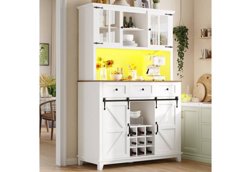 KLAM HOME Küchenbuffet Hochschrank Küchenbuffet, Vitrinenschrank, 105×38.4×180cm (Buffetschrank mit Verstellbaren Ablagen, Sideboard mit LED-Beleuchtung) Küchenschrank mit variable Lichtfarben, schwarz von KLAM HOME