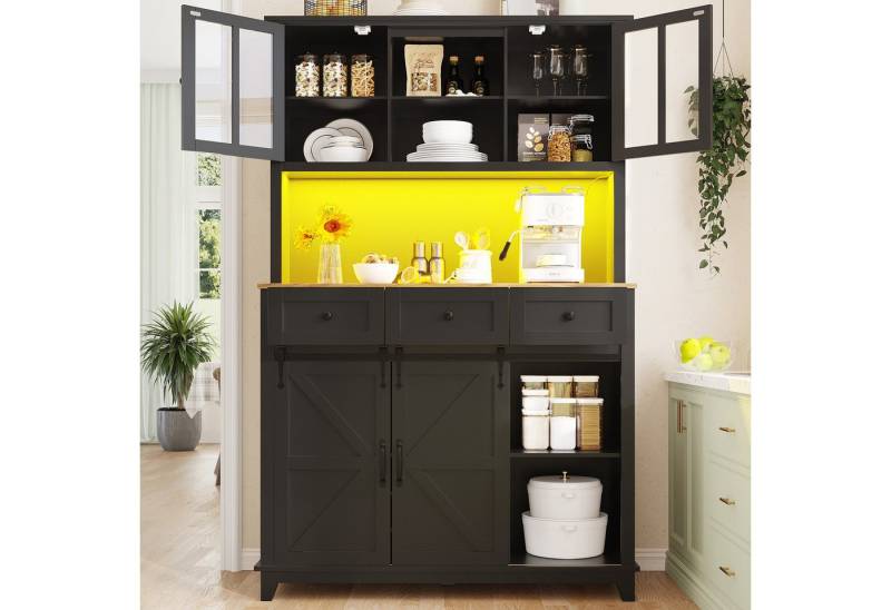 KLAM HOME Küchenbuffet Hochschrank Küchenbuffet, Vitrinenschrank, 105×38.4×180cm (Buffetschrank mit Verstellbaren Ablagen, Sideboard mit LED-Beleuchtung) Küchenschrank mit variable Lichtfarben, schwarz von KLAM HOME