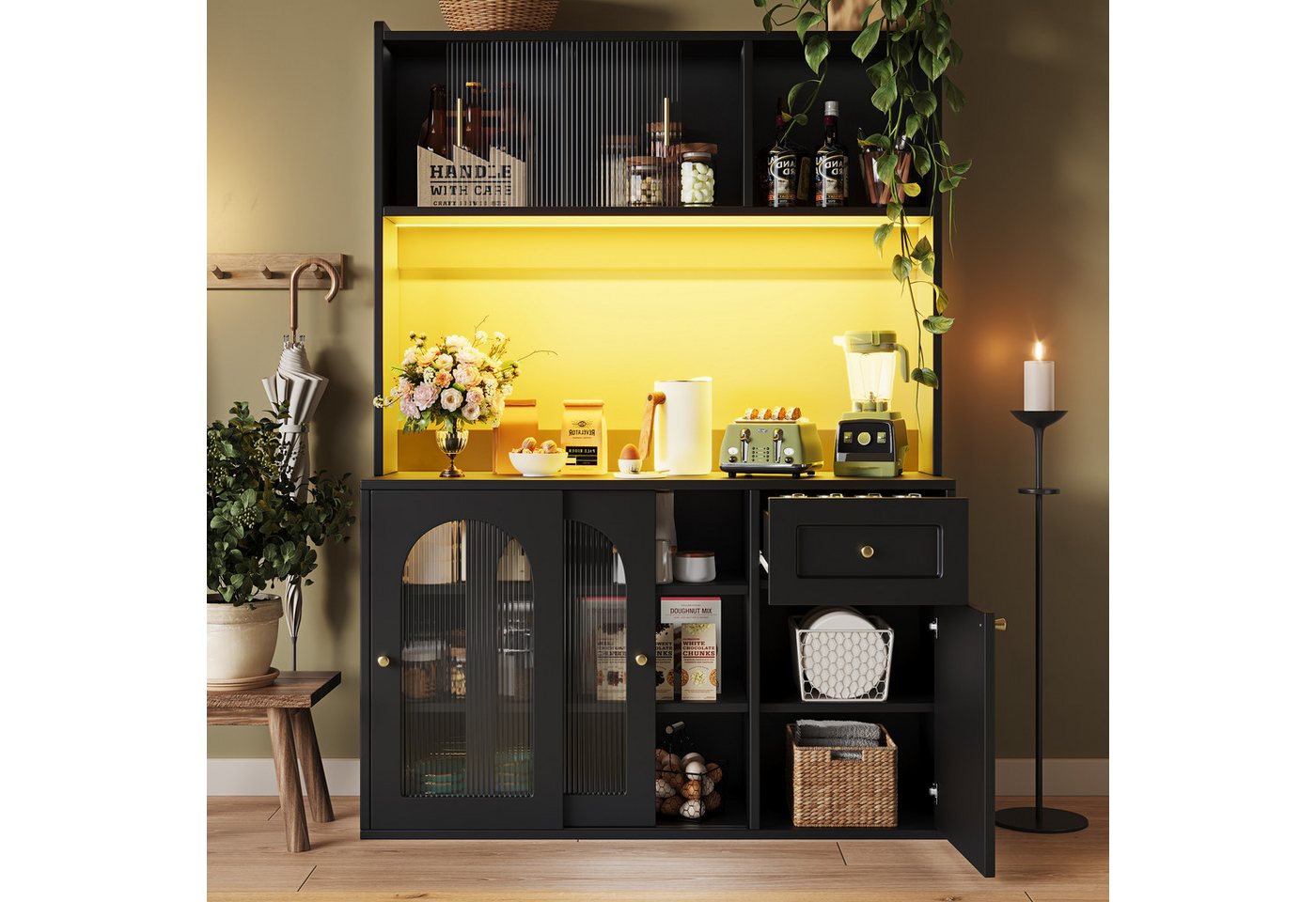 KLAM HOME Küchenbuffet Hochschrank Küchenbuffet, Vitrinenschrank, B120/T35/H167 cm (Buffetschrank mit Verstellbaren Ablagen, Sideboard mit LED-Beleuchtung) Küchenschrank mit variable Lichtfarben, weiß von KLAM HOME
