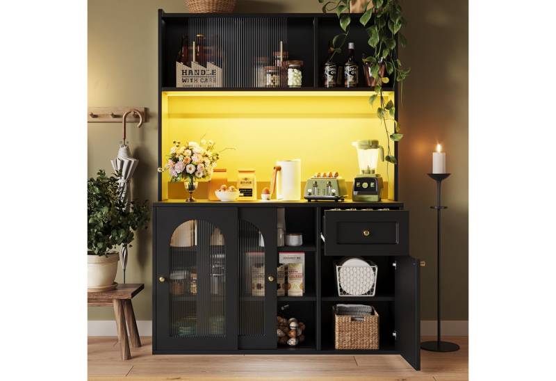 KLAM HOME Küchenbuffet Hochschrank Küchenbuffet, Vitrinenschrank, B120/T35/H167 cm (Buffetschrank mit Verstellbaren Ablagen, Sideboard mit LED-Beleuchtung) Küchenschrank mit variable Lichtfarben, weiß von KLAM HOME
