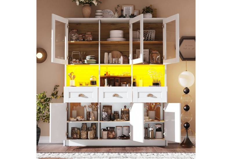 KLAM HOME Küchenbuffet Hochschrank Küchenschrank, Vitrinenschrank, 140×40×175cm (Buffetschrank mit Verstellbaren Ablagen, Weiß/Schwarz) Sideboard mit LED-Beleuchtung,Variable Lichtfarben von KLAM HOME