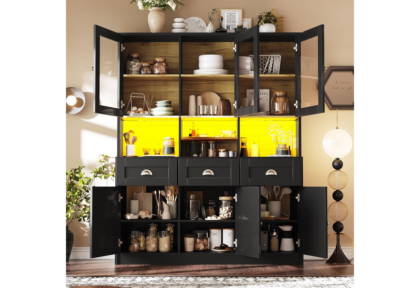 KLAM HOME Küchenbuffet Hochschrank Küchenschrank, Vitrinenschrank, 140×40×175cm (Buffetschrank mit Verstellbaren Ablagen, Weiß/Schwarz) Sideboard mit LED-Beleuchtung,Variable Lichtfarben von KLAM HOME
