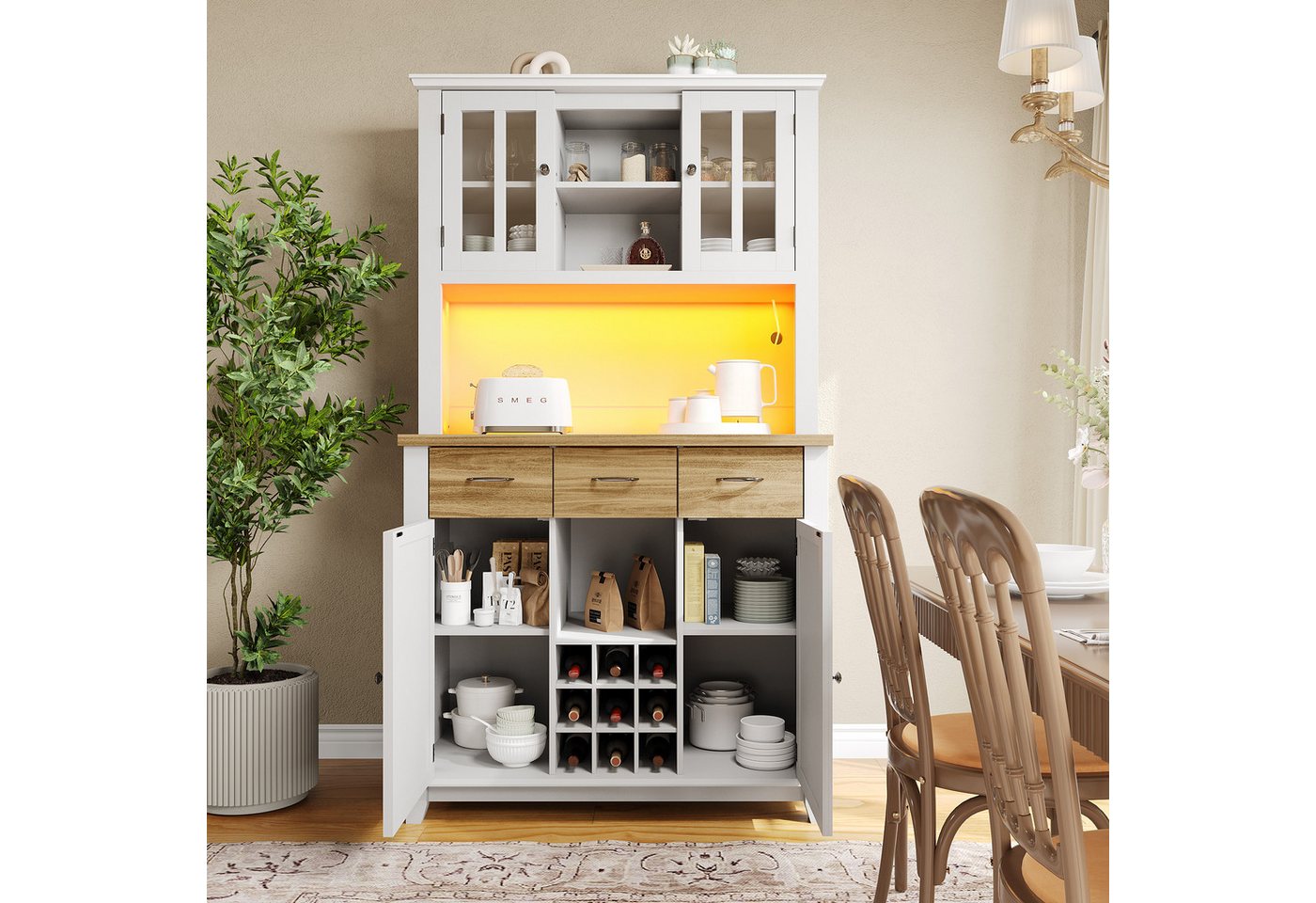 KLAM HOME Küchenbuffet Küchenschränke Hochschrank mit LED-Beleuchtung und Weinregal (Moderner Küchenbuffet mit intelligenter Stauraumlösung) Vitrinenschrank für stilvolle Aufbewahrung und Präsentation von KLAM HOME
