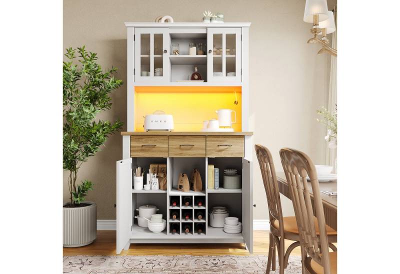 KLAM HOME Küchenbuffet Küchenschränke Hochschrank mit LED-Beleuchtung und Weinregal (Moderner Küchenbuffet mit intelligenter Stauraumlösung) Vitrinenschrank für stilvolle Aufbewahrung und Präsentation von KLAM HOME