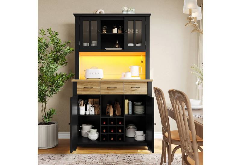 KLAM HOME Küchenbuffet Küchenschränke Hochschrank mit LED-Beleuchtung und Weinregal (Moderner Küchenbuffet mit intelligenter Stauraumlösung) Vitrinenschrank für stilvolle Aufbewahrung und Präsentation von KLAM HOME