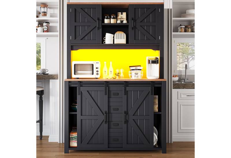 KLAM HOME Küchenbuffet Küchenschränke mit Schiebetüren und LED-Beleuchtung (Modernes Hochsideboard mit intelligentem Stauraum) Stilvolles Multifunktionsmöbel für Küche und Wohnbereich von KLAM HOME