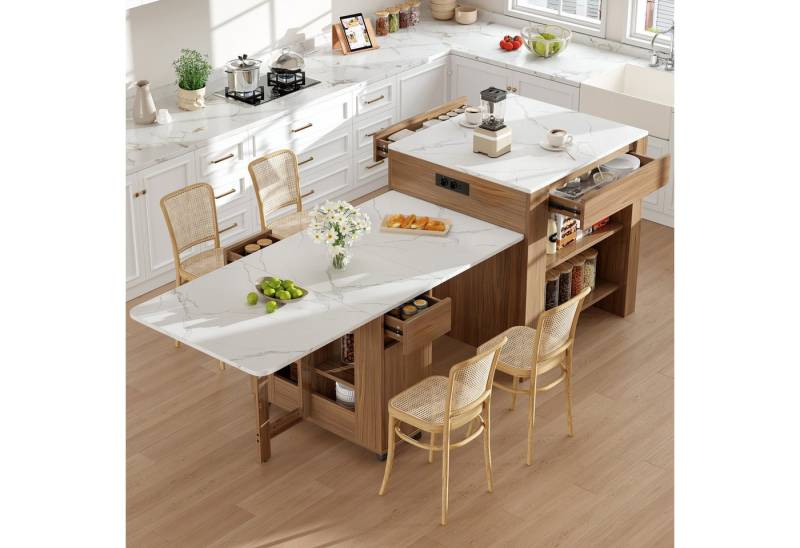 KLAM HOME Kücheninsel Ausziehbarer Bartisch mit Stauraum(110-124×78×97.5cm), (eingebaute Steckdose,Tischplatte aus weiß marmoriertem MDF,Weiß), für 2-6 Personen, Kücheninseln mit Schubladen seitliche offene Regale von KLAM HOME