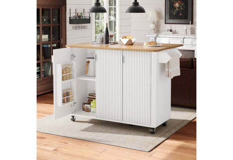 KLAM HOME Kücheninsel Kücheninsel, Speisewagen mit Holzmaserung, Buffet, 130x45(75)x92cm, (Ausziehbarer Küchenwagen auf Rädern mit Handtuchhalter), Gewürzregal, Trennwände verstellbar, 3 Türen, weiß/schwarz von KLAM HOME