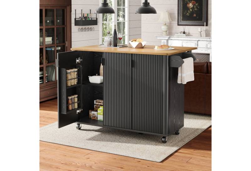 KLAM HOME Kücheninsel Kücheninsel, Speisewagen mit Holzmaserung, Buffet, 130x45(75)x92cm, (Ausziehbarer Küchenwagen auf Rädern mit Handtuchhalter), Gewürzregal, Trennwände verstellbar, 3 Türen, weiß/schwarz von KLAM HOME