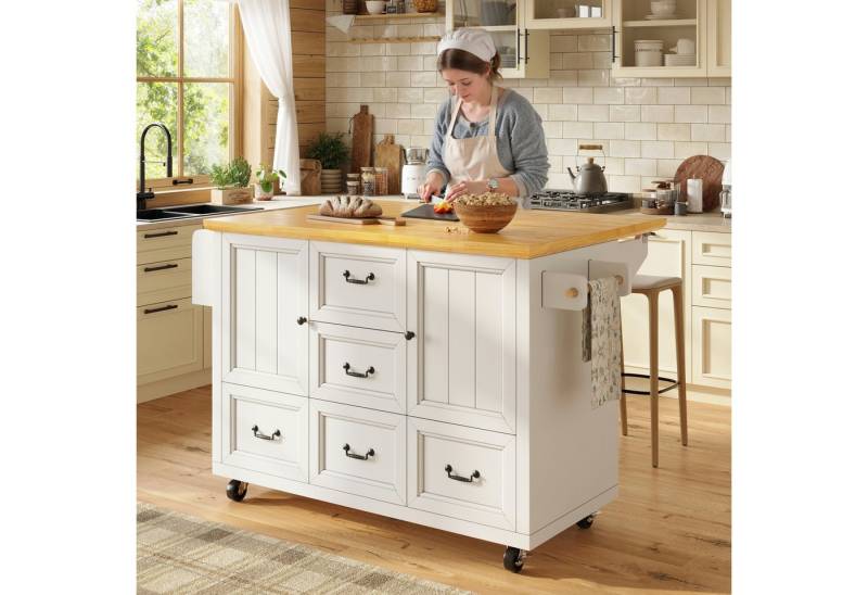 KLAM HOME Kücheninsel Kücheninsel mit ausziehbarer Arbeitsplatte und Rollen, (Vielseitiges Sideboard mit integriertem Gewürzregal), Flexibler Küchenwagen mit verstellbaren Einlegeböden von KLAM HOME