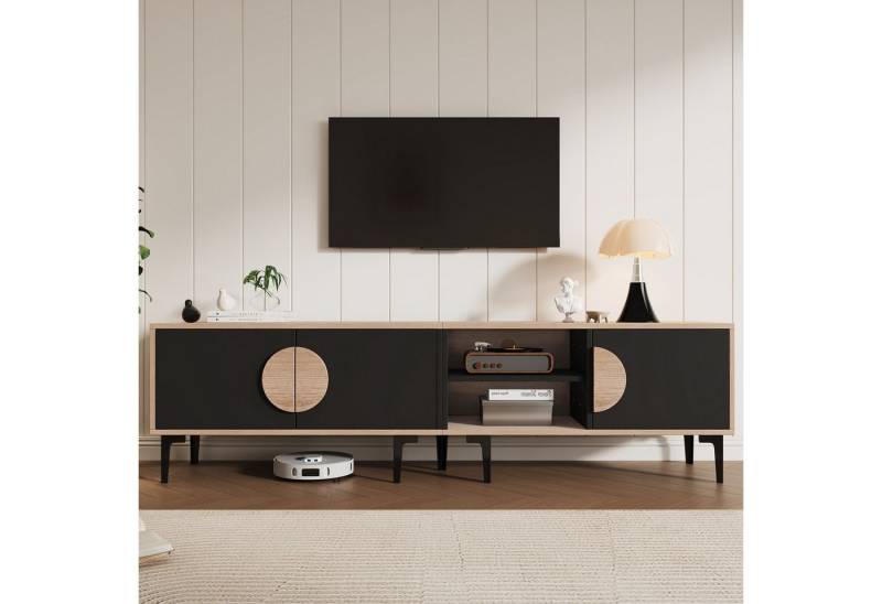 KLAM HOME Lowboard 180cm Lowboard TV Schrank Für Bis Zu 80 Zoll Fernseher Mit 3 Türen (Modernes Wohnzimmer TV Board In Dunkler Nussbaum Optik Und Schwarz), Stabiles Fernseh Möbel Mit 7 Füßen Und 45 Kg Tragkraft von KLAM HOME