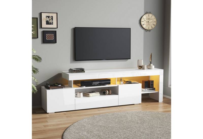 KLAM HOME Lowboard 192*37*53cm TV schrank mit 3 schränke (Fernsehschrank Mit LED, Hochglanz Lowboard und Fernsehtisch), TV-Board und TV-Kommode Geeignet für Fernseher um 85 Zoll, Weiß von KLAM HOME