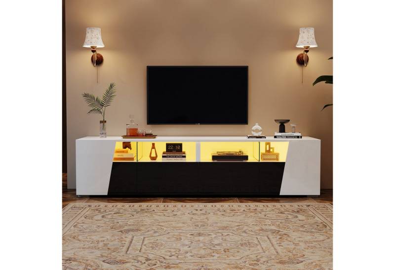 KLAM HOME Lowboard Hochglanz Lowboard Mit App LED Beleuchtung Fuer 80 Zoll TV (Modernes TV Moebel Mit 2 Schubladen Und 2 Schraenken), Elegantes TV Board In Weiss Schwarz Smart Home Feature von KLAM HOME
