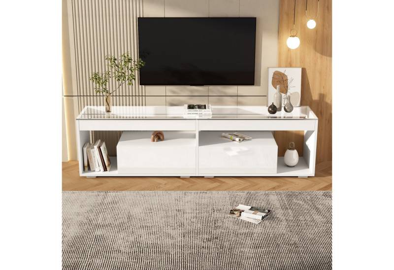 KLAM HOME Lowboard LED TV Lowboard Mit Dimmbarer Beleuchtung Für 70 Zoll (Hochglanz Schwarz TV Schrank Mit Zwei Schubladen), Modernes Entertainment Center Mit Viel Stauraum von KLAM HOME