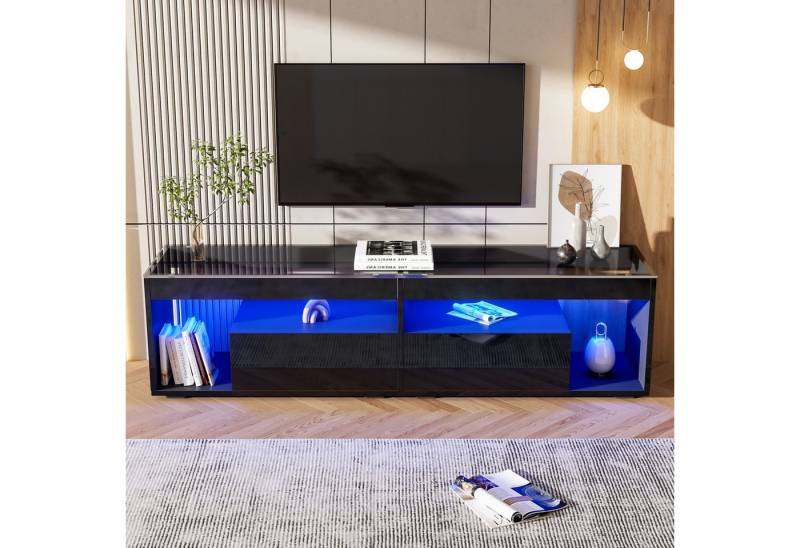 KLAM HOME Lowboard LED TV Lowboard Mit Dimmbarer Beleuchtung Für 70 Zoll (Hochglanz Schwarz TV Schrank Mit Zwei Schubladen), Modernes Entertainment Center Mit Viel Stauraum von KLAM HOME