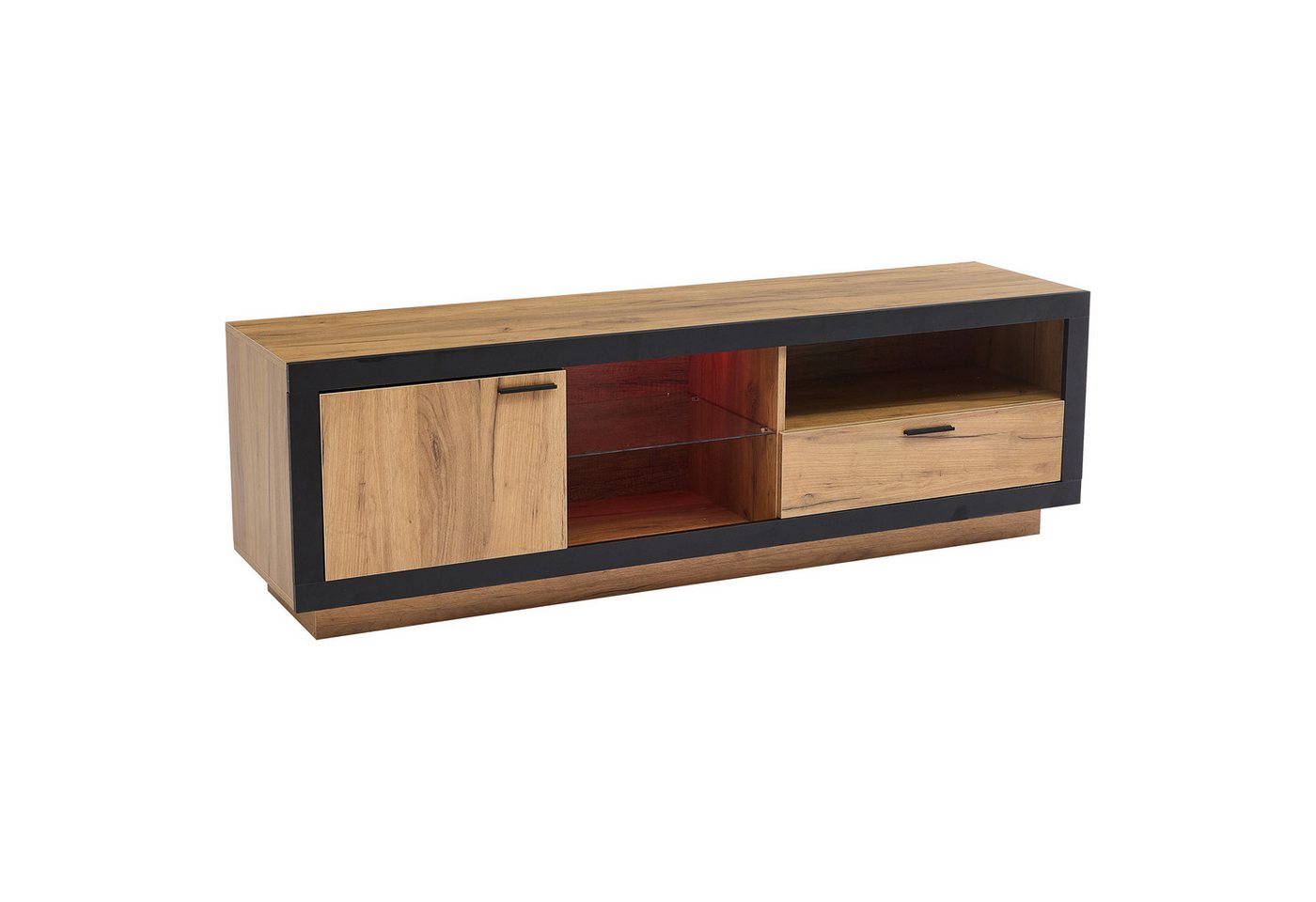 KLAM HOME Lowboard LED TV Schrank, TV-Kommode, mit Glasböden und Lagerung (Modernes Lowboard TV-Unterhaltungszentrum für Wohnzimmer, Schlafzimmer), Gaming Media Cabinet für 70/65/55 Zoll TVs Schwarz+Eiche von KLAM HOME