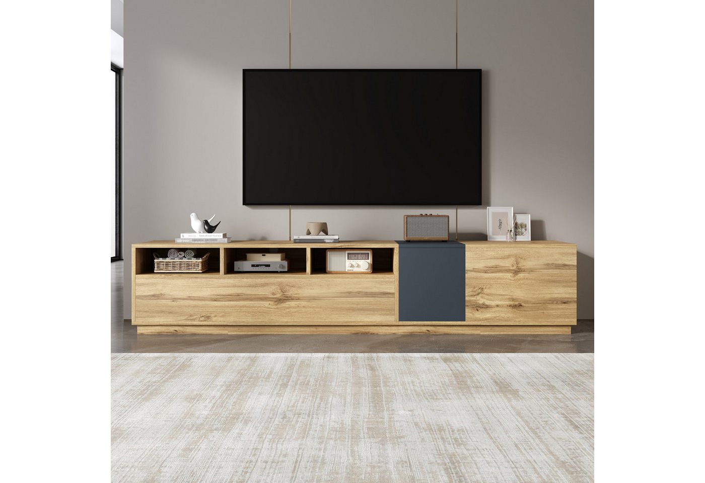 KLAM HOME Lowboard Moderne TV-Kommode in Kontrastfarben mit schlichtem Design (200 cm TV-Ständer mit offenen Fächern und Kabelmanagement), Elegante Mediakommode für Großbildfernseher in Kontrastoptik von KLAM HOME
