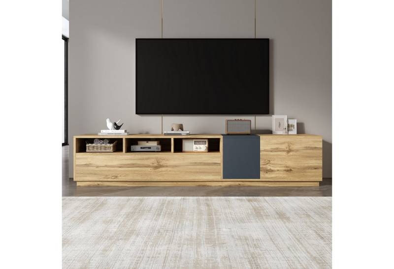 KLAM HOME Lowboard Moderne TV-Kommode in Kontrastfarben mit schlichtem Design (200 cm TV-Ständer mit offenen Fächern und Kabelmanagement), Elegante Mediakommode für Großbildfernseher in Kontrastoptik von KLAM HOME