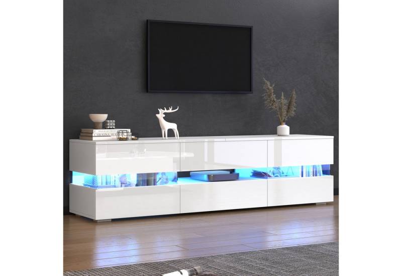 KLAM HOME Lowboard Moderner Hochglanz TV Schrank Mit LED Beleuchtung Und Push To Open (Lowboard Für Fernseher Bis 70 Zoll Mit 2 Türen 1 Schublade Und Acryl Glas), Elegantes TV Möbel In Schwarz 160x39x45 cm Für Modernes Wohnzimmer von KLAM HOME