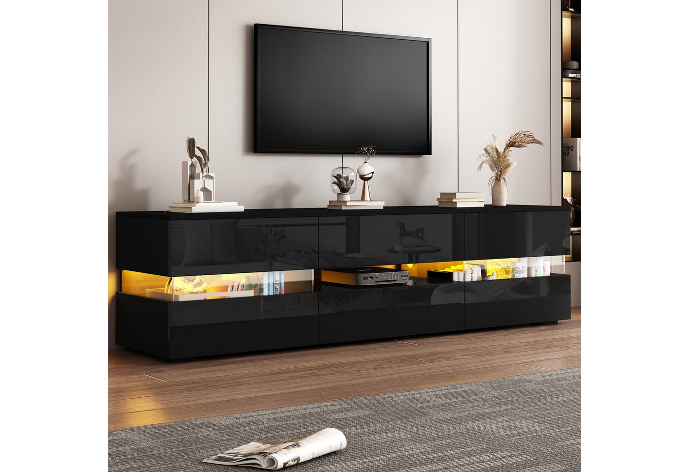 KLAM HOME Lowboard Moderner Hochglanz TV Schrank Mit LED Beleuchtung Und Push To Open (Lowboard Für Fernseher Bis 70 Zoll Mit 2 Türen 1 Schublade Und Acryl Glas), Elegantes TV Möbel In Schwarz 160x39x45 cm Für Modernes Wohnzimmer von KLAM HOME