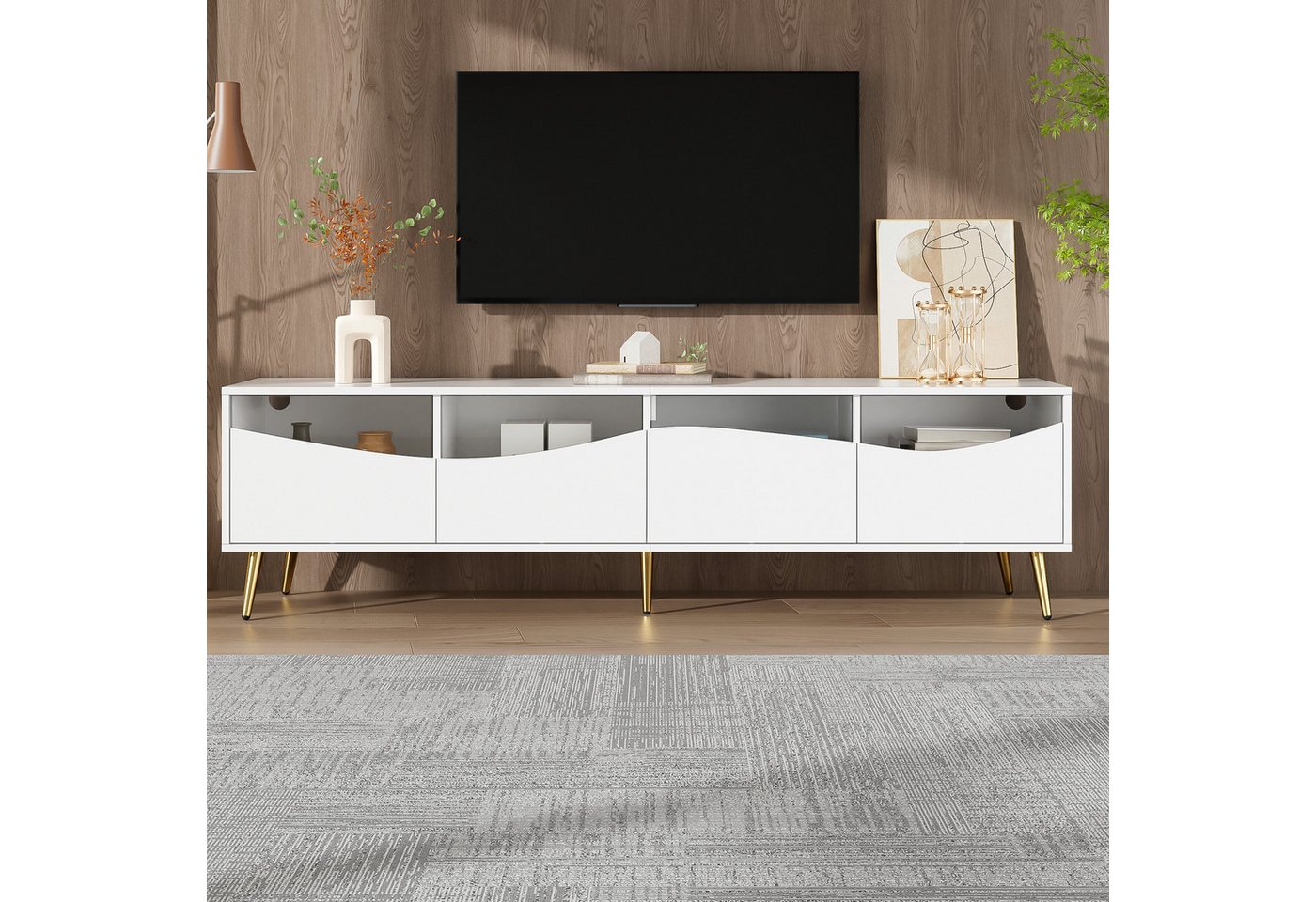 KLAM HOME Lowboard Moderner TV-Schrank mit LED-Beleuchtung (Elegantes Lowboard in Holzoptik mit Glasfront), Praktischer Medienschrank mit Smart-Control Funktion von KLAM HOME