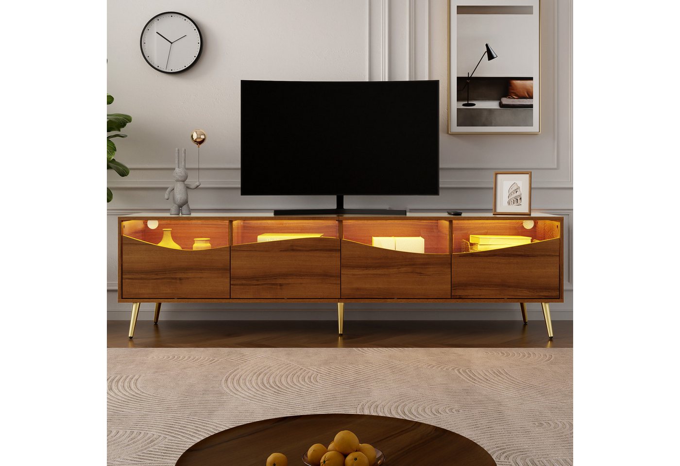 KLAM HOME Lowboard Moderner TV-Schrank mit LED-Beleuchtung (Elegantes Lowboard in Holzoptik mit Glasfront), Praktischer Medienschrank mit Smart-Control Funktion von KLAM HOME