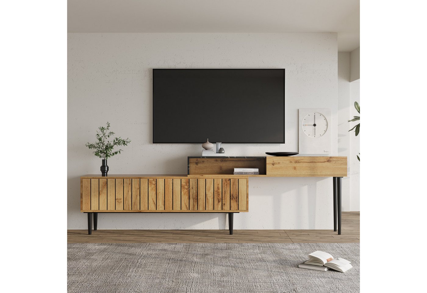 KLAM HOME Lowboard Moderner TV-Ständer mit Marmor- und Holzmaserungsdesign, PVC-Kante (Kante, Eisenbeinen, dunkle Holzfarbe, Heimdekoration, platzsparend), Langlebig und langlebig – ideal für Wohnzimmer von KLAM HOME