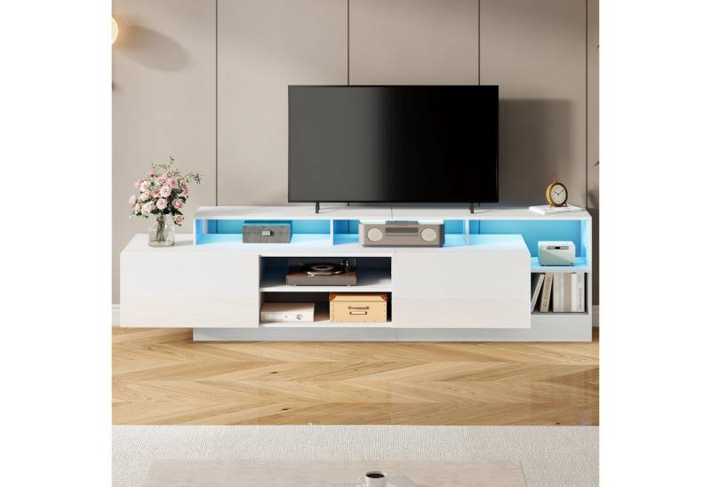 KLAM HOME Lowboard Modernes Lowboard Für Fernseher Bis 70 Zoll Mit LED Beleuchtung (Weißes Hochglanz Design Mit Zwei Klapptüren Und Integrierter Beleuchtung), Großzügiger TV Unterschrank 190cm Mit Mehreren Ablagefächern von KLAM HOME