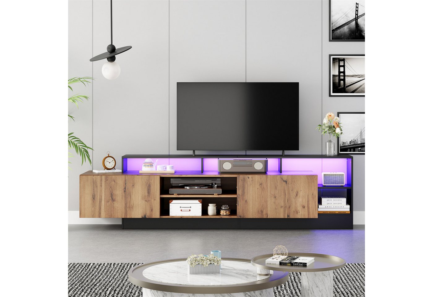 KLAM HOME Lowboard Modernes Lowboard Für Fernseher Bis 70 Zoll Mit LED Beleuchtung (Weißes Hochglanz Design Mit Zwei Klapptüren Und Integrierter Beleuchtung), Großzügiger TV Unterschrank 190cm Mit Mehreren Ablagefächern von KLAM HOME