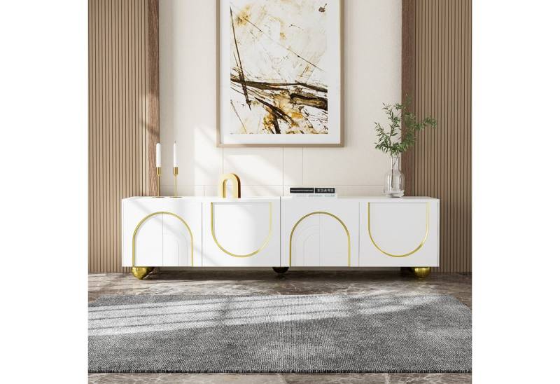 KLAM HOME Lowboard Modernes Lowboard Mit Goldenen Akzenten Und Strukturierten Türen (TV-Schrank Mit Push-Open Mechanismus Und Dämpfungsfunktion), Elegantes Fernsehmöbel In Weiß Gold 170cm von KLAM HOME